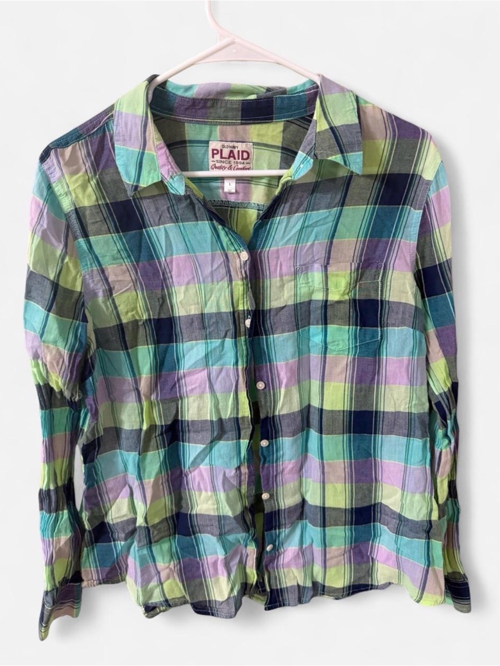Old Navy Plaid Button-Down Shirt in Green, Blue & Purple